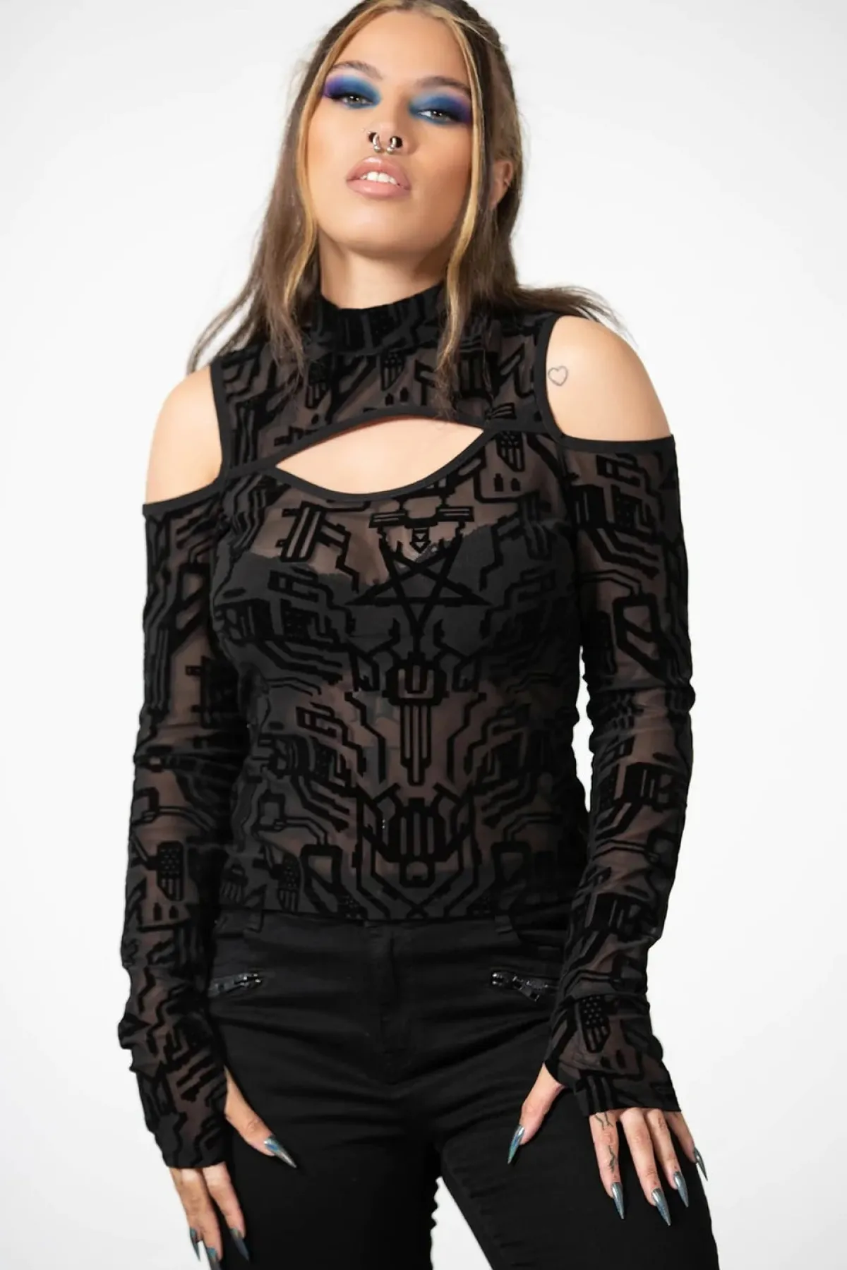 Best Tuned Out Mesh Cold Shoulder Pusero Pitkähihaiset