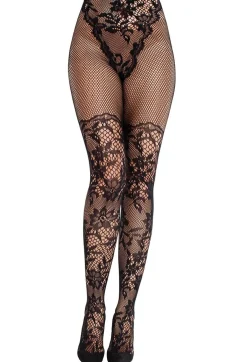 Dahlia Lace Tights with Net Thigh Detail - Sukkahousut Sukkahousut|Sukkahousut